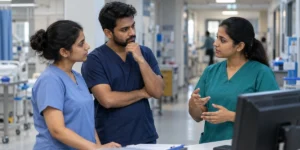Nursing team discussing clinical work at a hospital workstation