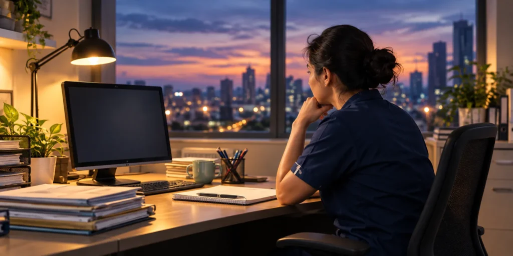 Nurse considering the responsibilities of a nursing leadership role