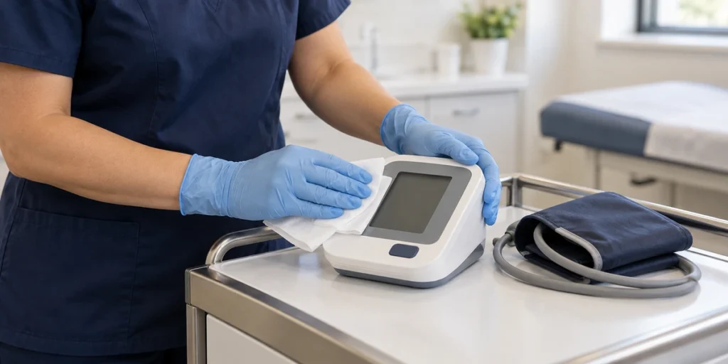 Nurse cleaning and disinfecting clinical equipment