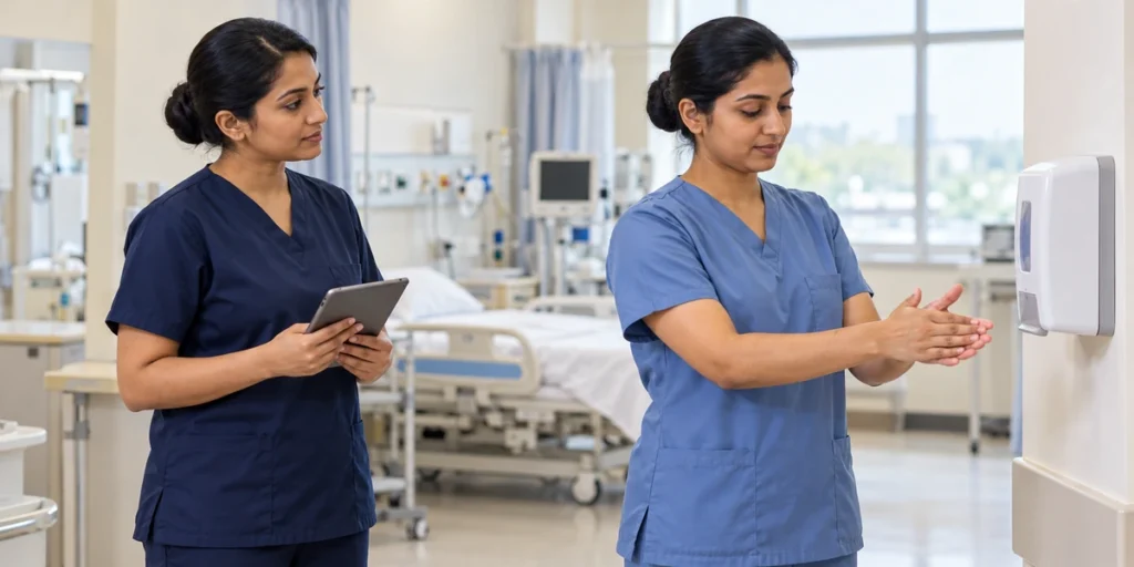 Infection control nurse with ICN certification in a hospital ward