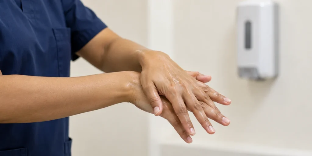 Nurse practising hand hygiene and PPE standard precautions