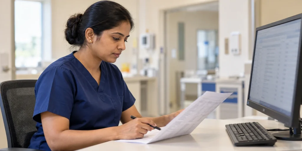Infection control nurse recording surveillance and audit data