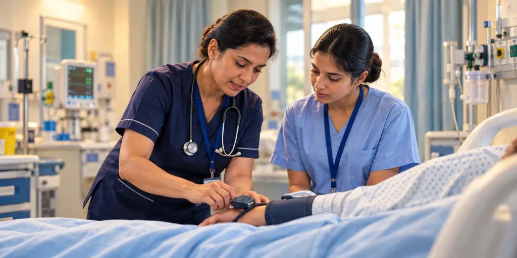 Nurse manager mentoring a junior nurse in a hospital