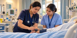 Nurse manager mentoring a junior nurse during bedside care