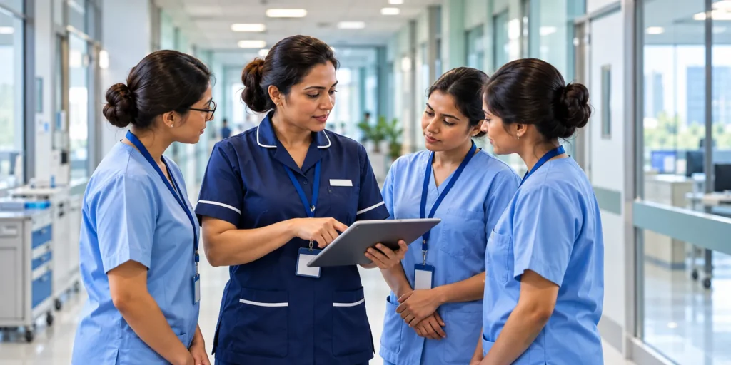 Nurses working together and supporting patient care on a hospital ward